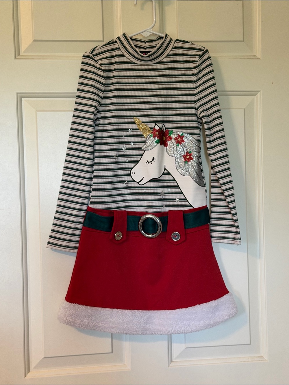 lilt Striped Unicorn Holiday Dress - Red, Green, Gold, Silver